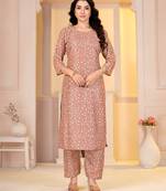 Light brown digital printed muslin straight kurta with bottom
