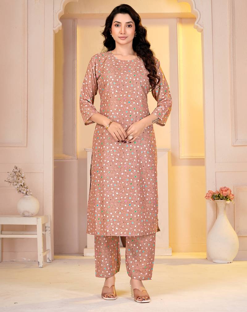 Light brown digital printed muslin straight kurta with bottom