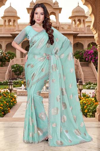 designer sky blue handwork zarkan foil print silk blend saree