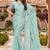 designer sky blue handwork zarkan foil print silk blend saree
