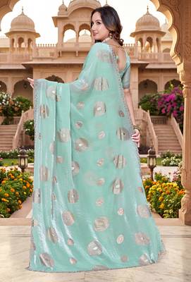 designer sky blue handwork zarkan foil print silk blend saree 2