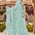 designer sky blue handwork zarkan foil print silk blend saree