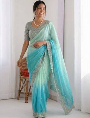 Turquoise embellished sarees stitched blouse 4