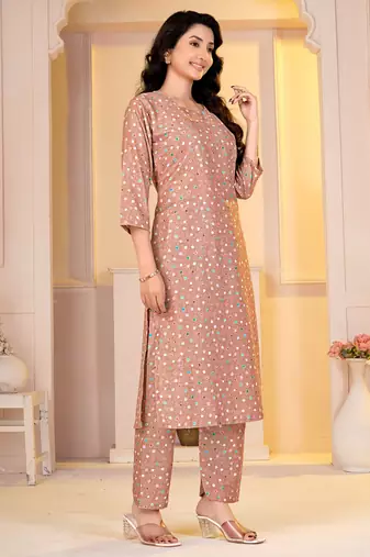 Light brown digital printed muslin straight kurta with bottom