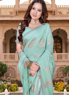 designer sky blue handwork zarkan foil print silk blend saree 4