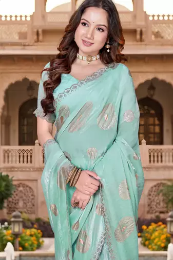 designer sky blue handwork zarkan foil print silk blend saree