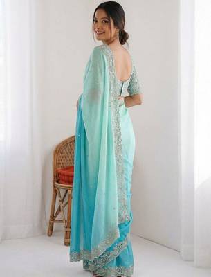Turquoise embellished sarees stitched blouse 5