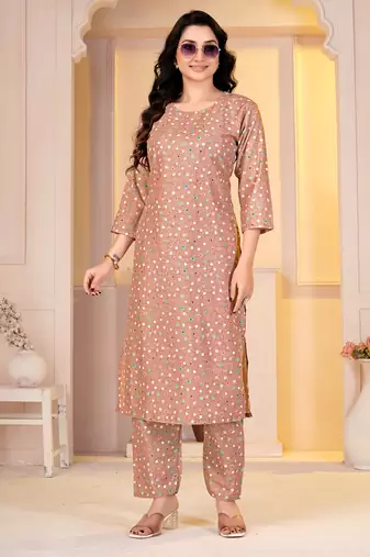 Light brown digital printed muslin straight kurta with bottom