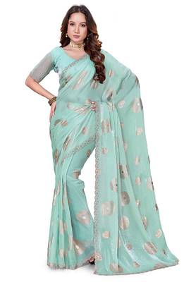 designer sky blue handwork zarkan foil print silk blend saree 5