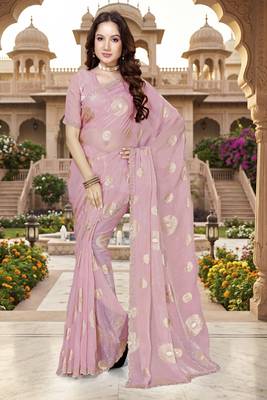 designer dusty pink handwork zarkan foil print silk blend saree 1