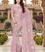 designer dusty pink handwork zarkan foil print silk blend saree