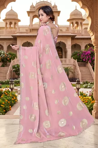 designer dusty pink handwork zarkan foil print silk blend saree
