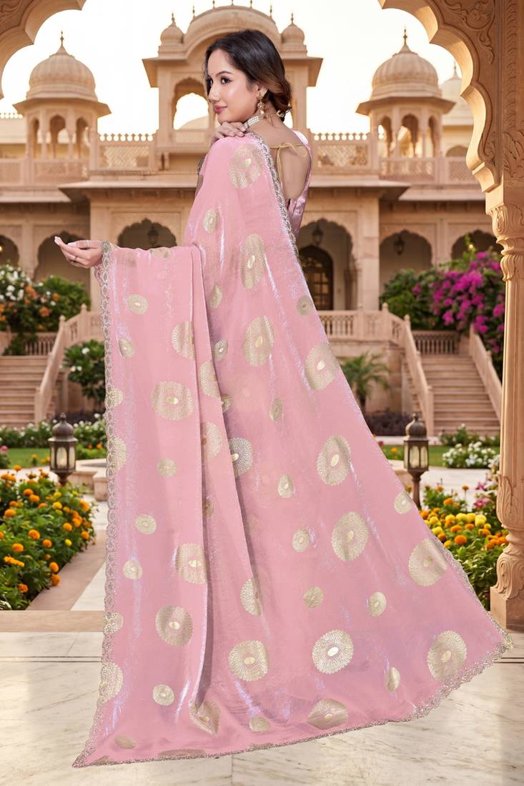 designer dusty pink handwork zarkan foil print silk blend saree