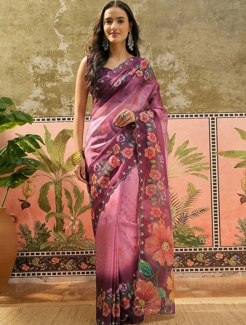 Multicolor floral organza saree