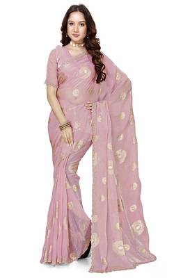 designer dusty pink handwork zarkan foil print silk blend saree 5