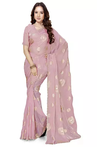 designer dusty pink handwork zarkan foil print silk blend saree