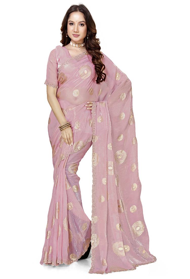designer dusty pink handwork zarkan foil print silk blend saree