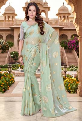 designer dusty pista handwork zarkan foil print silk blend saree 1