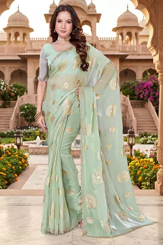 designer dusty pista handwork zarkan foil print silk blend saree