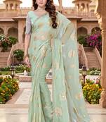 designer dusty pista handwork zarkan foil print silk blend saree