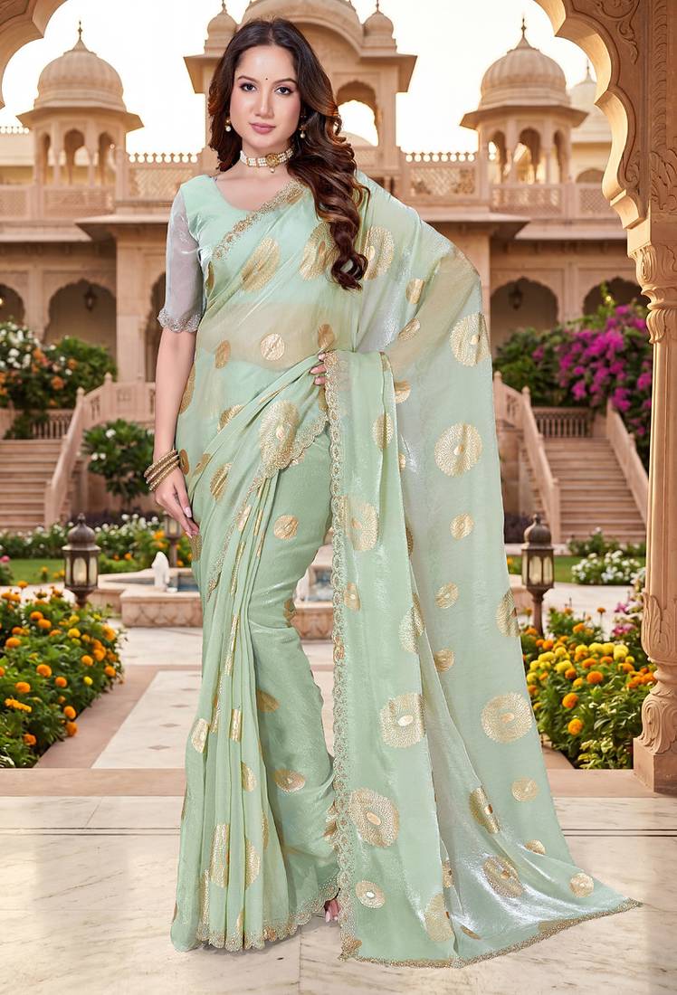 designer dusty pista handwork zarkan foil print silk blend saree