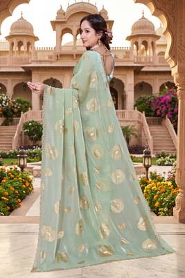 designer dusty pista handwork zarkan foil print silk blend saree 2