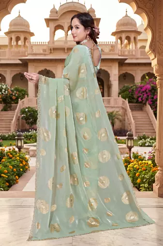 designer dusty pista handwork zarkan foil print silk blend saree