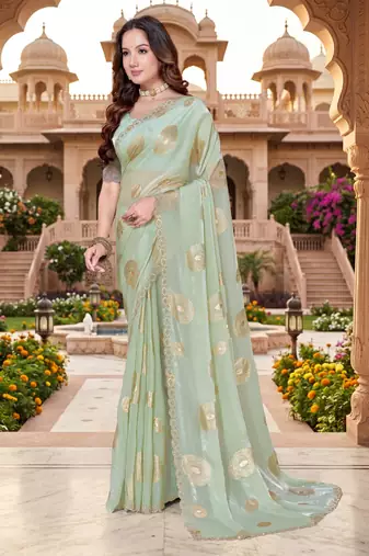 designer dusty pista handwork zarkan foil print silk blend saree
