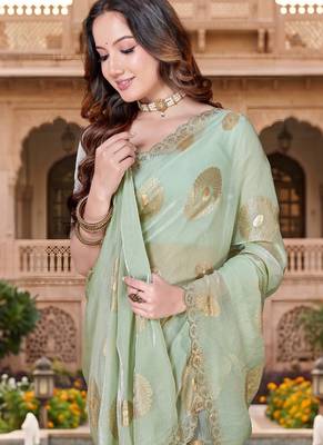 designer dusty pista handwork zarkan foil print silk blend saree 4