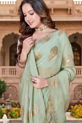 designer dusty pista handwork zarkan foil print silk blend saree