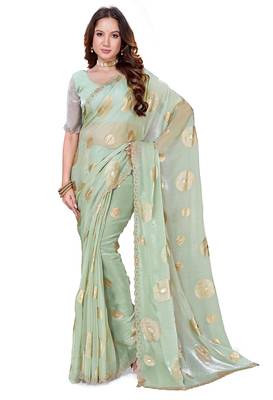 designer dusty pista handwork zarkan foil print silk blend saree 5