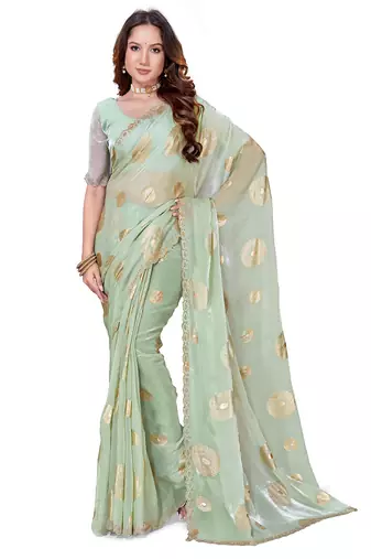 designer dusty pista handwork zarkan foil print silk blend saree