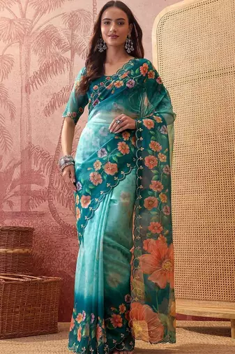 Multicolor floral sequinned organza designer saree