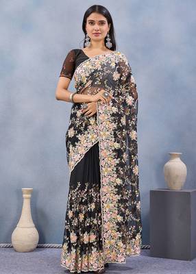 Designer black resham zarkan stone embroidery work net saree 1