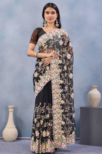 Designer black resham zarkan stone embroidery work net saree