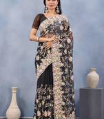 Designer black resham zarkan stone embroidery work net saree