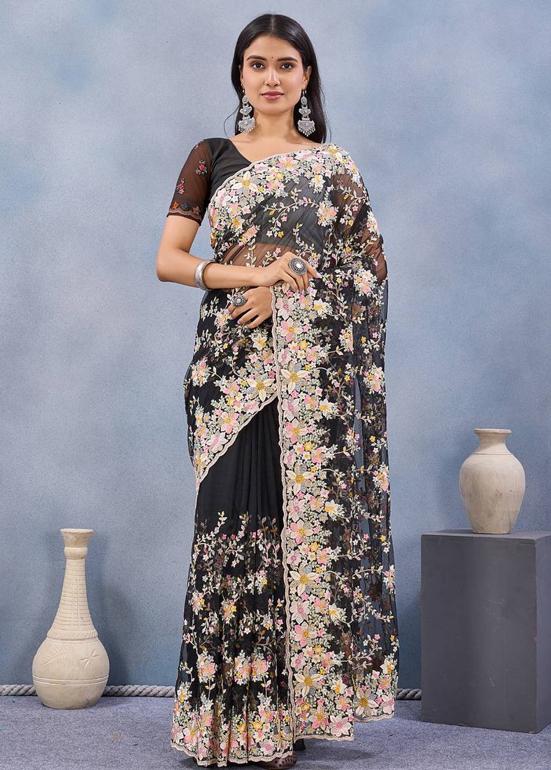 Designer black resham zarkan stone embroidery work net saree