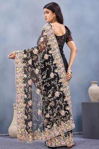 Designer black resham zarkan stone embroidery work net saree