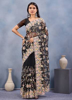 Designer black resham zarkan stone embroidery work net saree 3