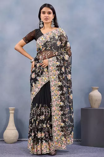 Designer black resham zarkan stone embroidery work net saree