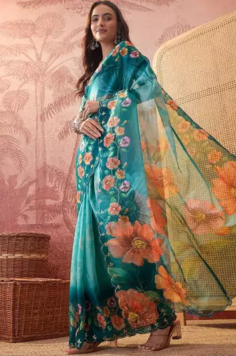 Multicolor floral sequinned organza designer saree