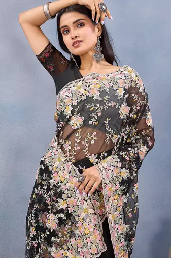 Designer black resham zarkan stone embroidery work net saree