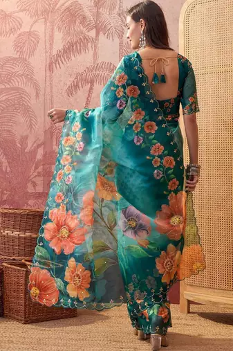 Multicolor floral sequinned organza designer saree