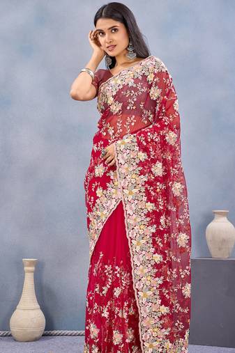 Designer red resham zarkan stone embroidery work net saree