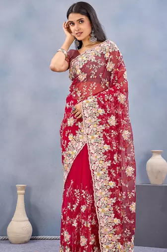 Designer red resham zarkan stone embroidery work net saree