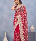 Designer red resham zarkan stone embroidery work net saree