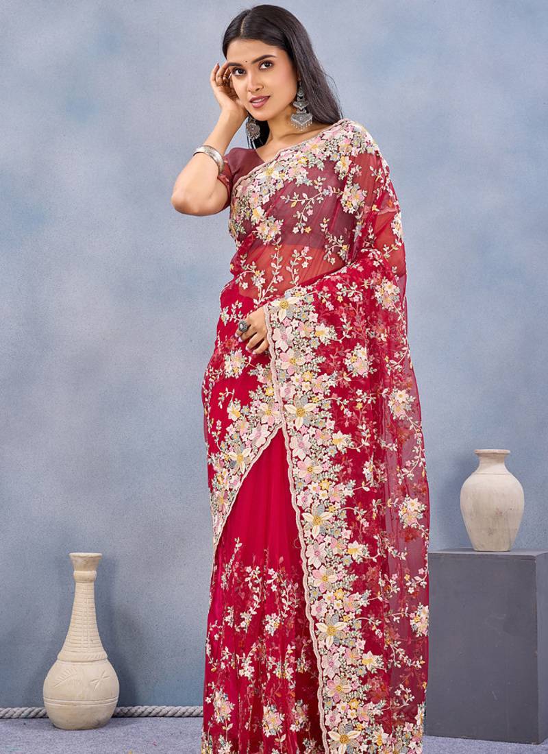 Designer red resham zarkan stone embroidery work net saree