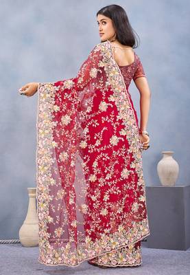 Designer red resham zarkan stone embroidery work net saree 2