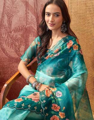 Multicolor floral sequinned organza designer saree 5
