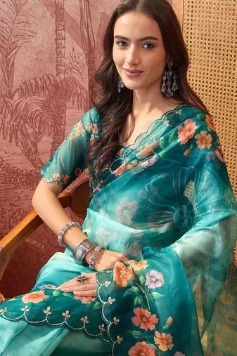 Multicolor floral sequinned organza designer saree